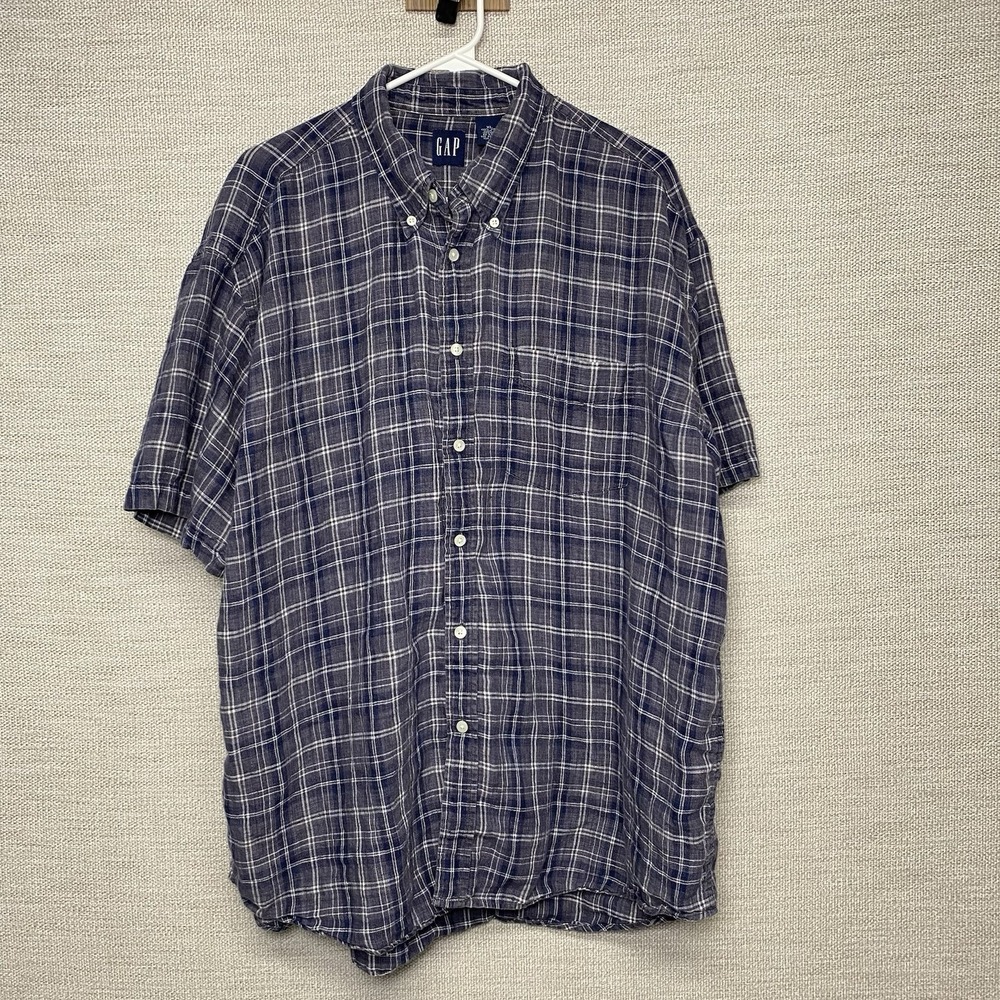 90s Y2K Gap Linen Shirt XL S/S Button Down Purple Gray Plaid Grunge Normcore - Picture 2 of 8